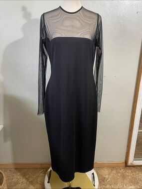 Marcella NYC Sheer Mesh Dress XL Long Sleeve Black Side Zip Minimalist Chic Maxi